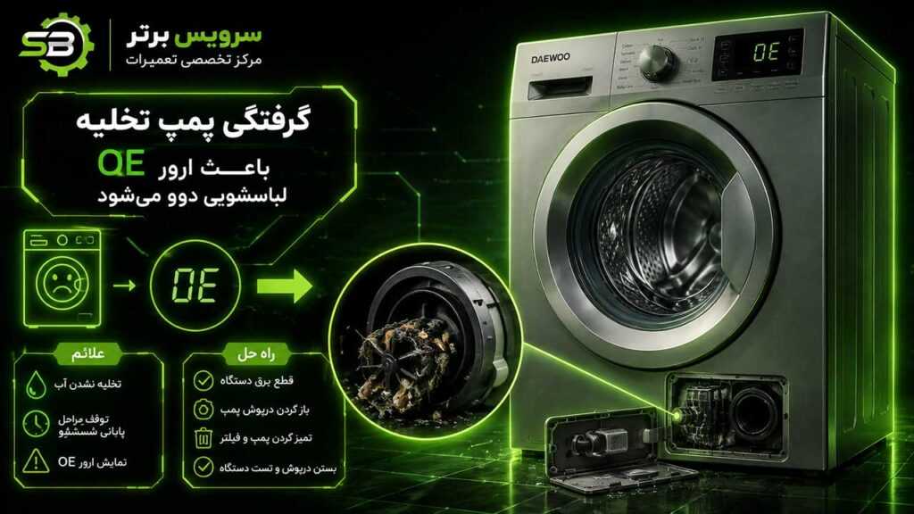 بررسی ارور OE لباسشویی دوو 10 گرفتگی پمپ تخله لباسشویی دوو