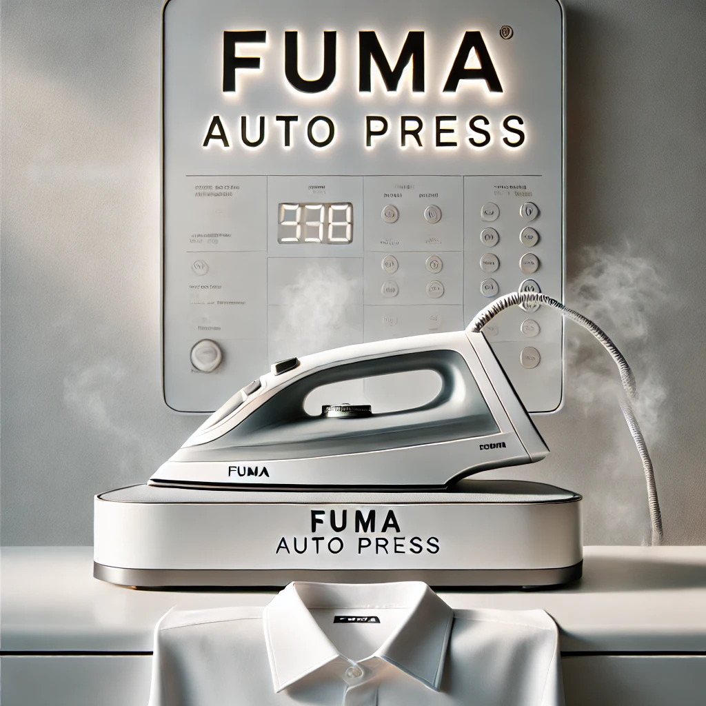 DALL·E 2024 11 03 00.35.39 A clean professional image showcasing Fuma auto press services. The scene includes a high quality automatic ironing machine pressing a shirt with ste