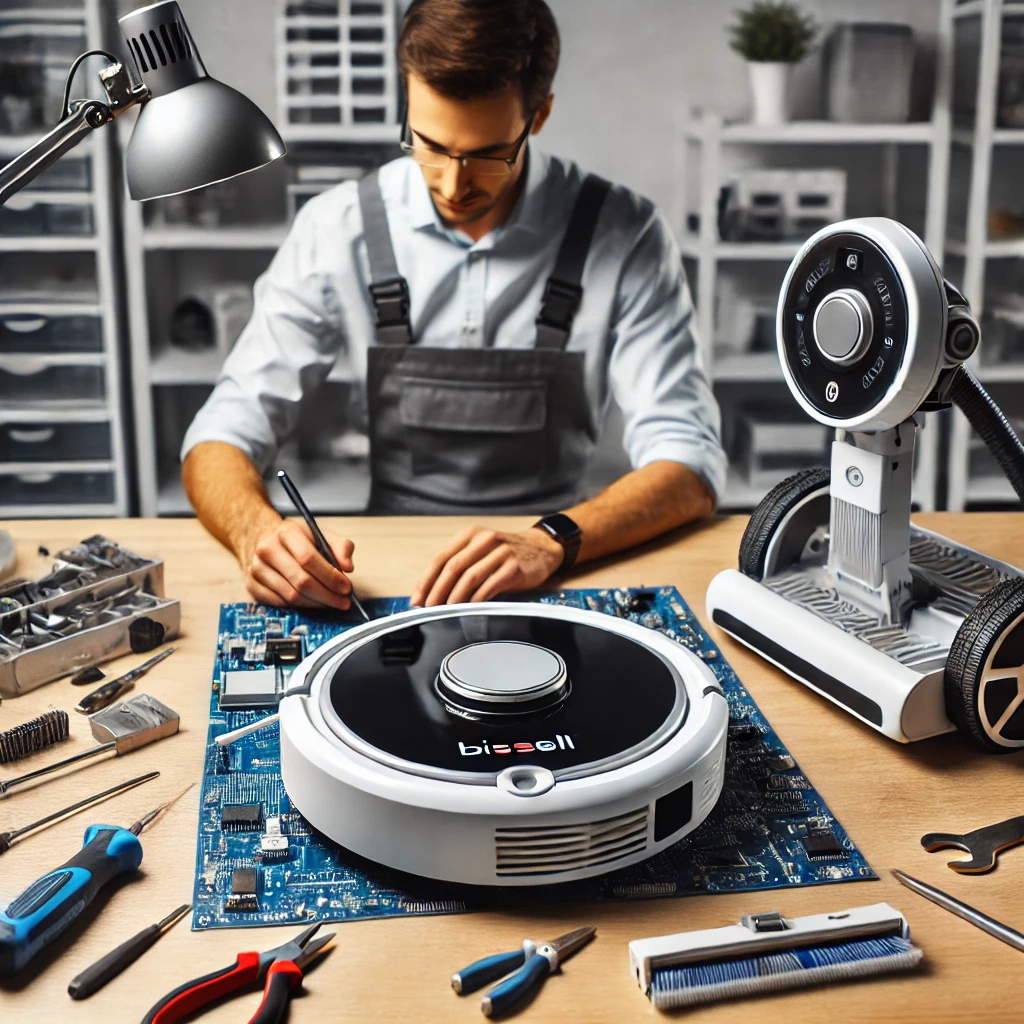 DALL·E 2024 11 17 03.21.12 A professional scene of a technician repairing a Bissell robotic vacuum cleaner. The setup includes a clean workstation with specialized tools the ro