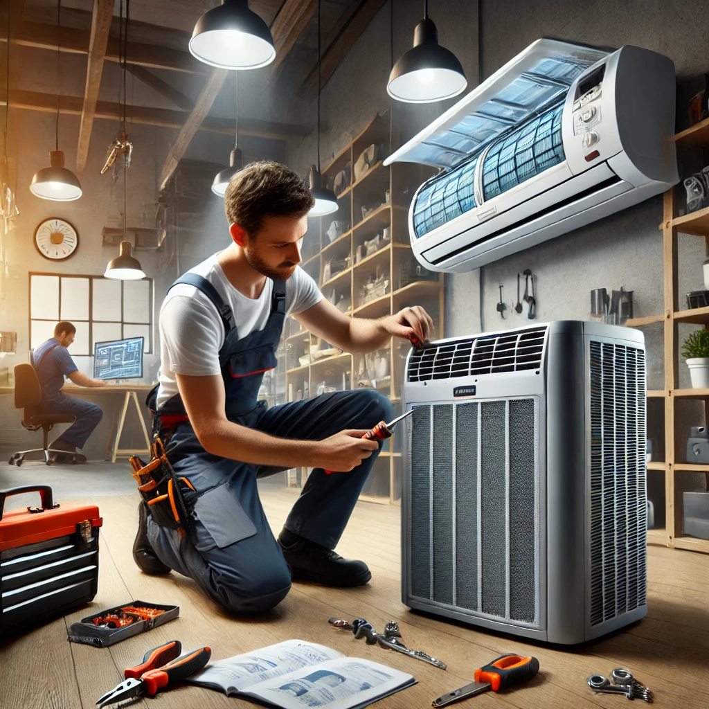 DALL·E 2024 11 17 03.22.20 A professional technician repairing a Bissell air conditioning unit. The scene features a well lit workshop with the air conditioner opened for mainte